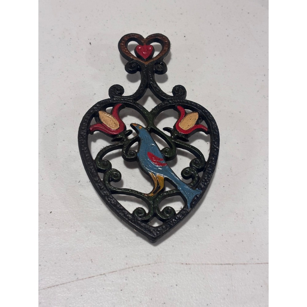 Vintage Cast Iron Trivet Heart Blue Bird Red Tulip Folk Art Pennsylvania Dutch